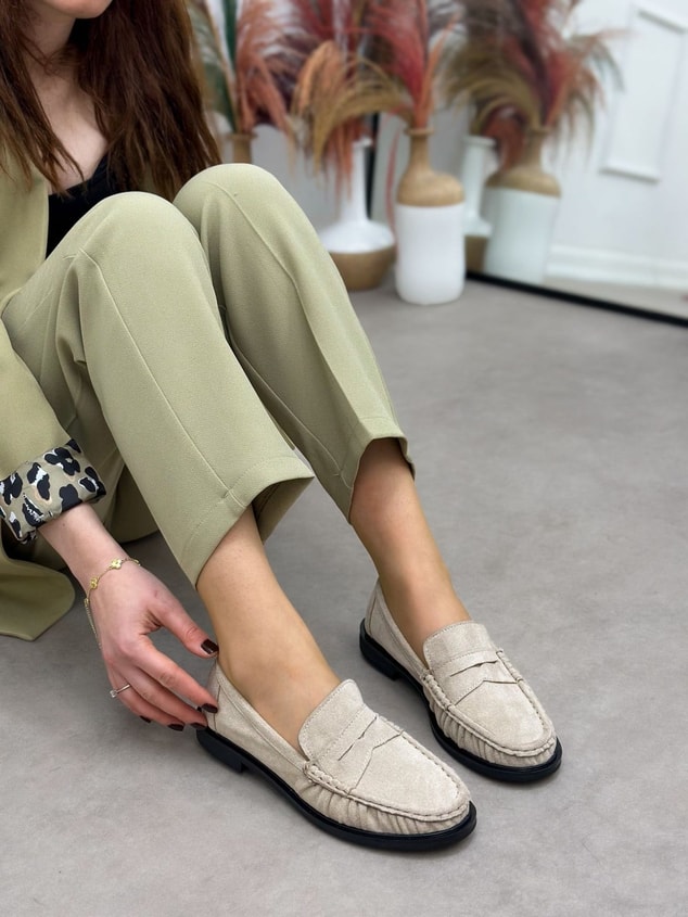 Bej Süet (Barry) Saraç Detaylı Düz Taban Kadın Loafer