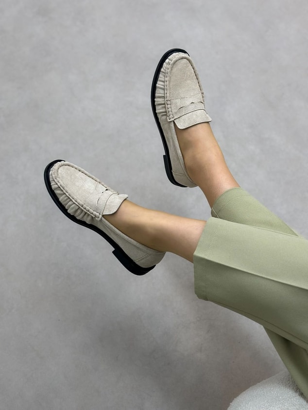 Bej Süet (Barry) Saraç Detaylı Düz Taban Kadın Loafer
