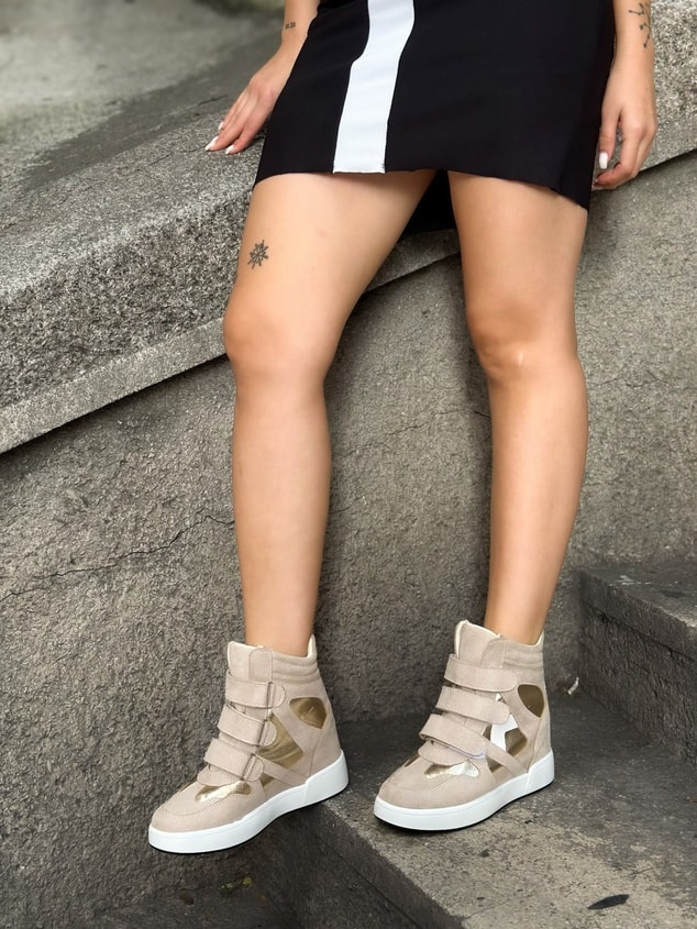 Bej Süet (İsabe) Gizli Topuk Dolgu Topuk 7 Cm Boy Uzatan Sneakers