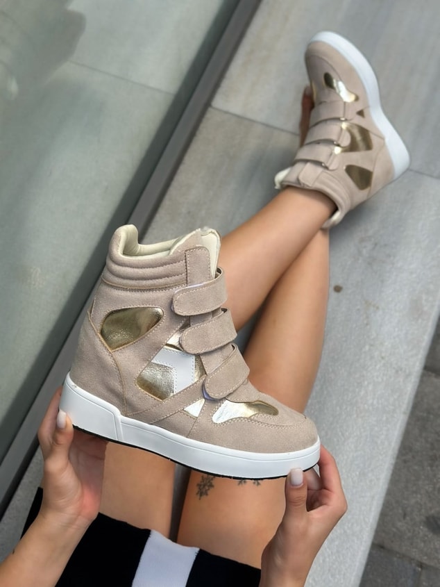 Bej Süet (İsabe) Gizli Topuk Dolgu Topuk 7 Cm Boy Uzatan Sneakers