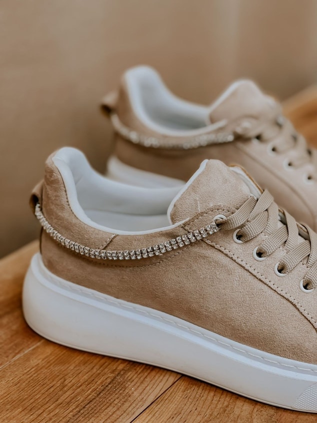 Bej Süet (Jersey) Taş Detay Kadın Bağcıklı Sneakers