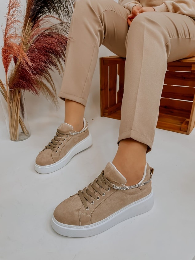 Bej Süet (Jersey) Taş Detay Kadın Bağcıklı Sneakers