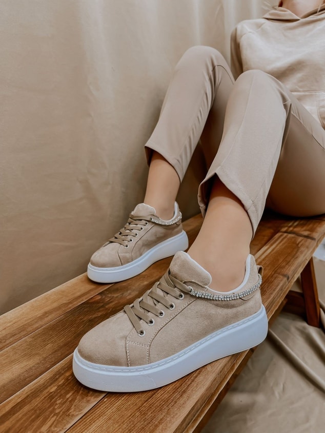 Bej Süet (Jersey) Taş Detay Kadın Bağcıklı Sneakers