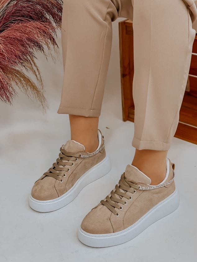 Bej Süet (Jersey) Taş Detay Kadın Bağcıklı Sneakers