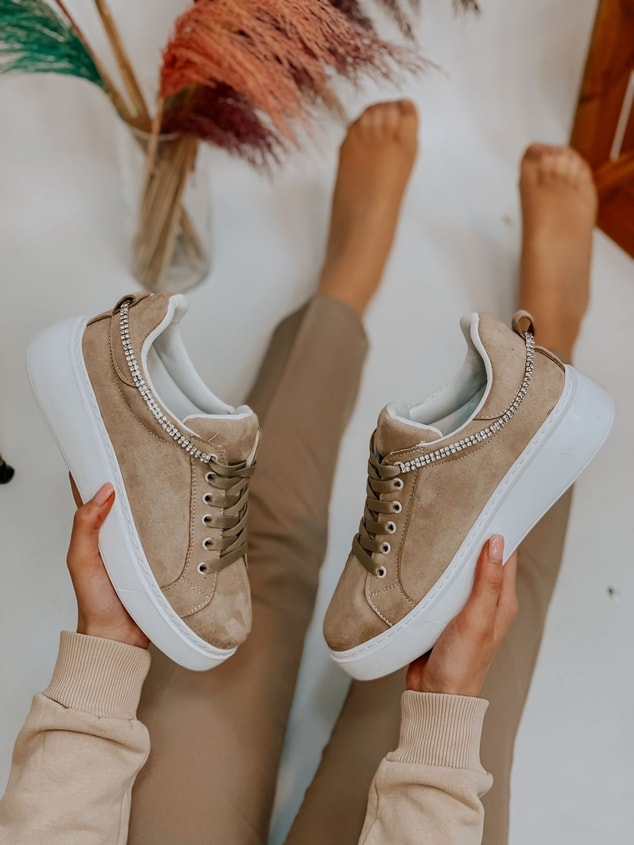 Bej Süet (Jersey) Taş Detay Kadın Bağcıklı Sneakers