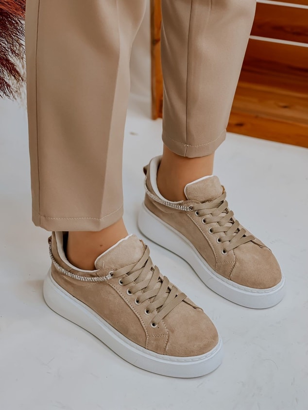 Bej Süet (Jersey) Taş Detay Kadın Bağcıklı Sneakers