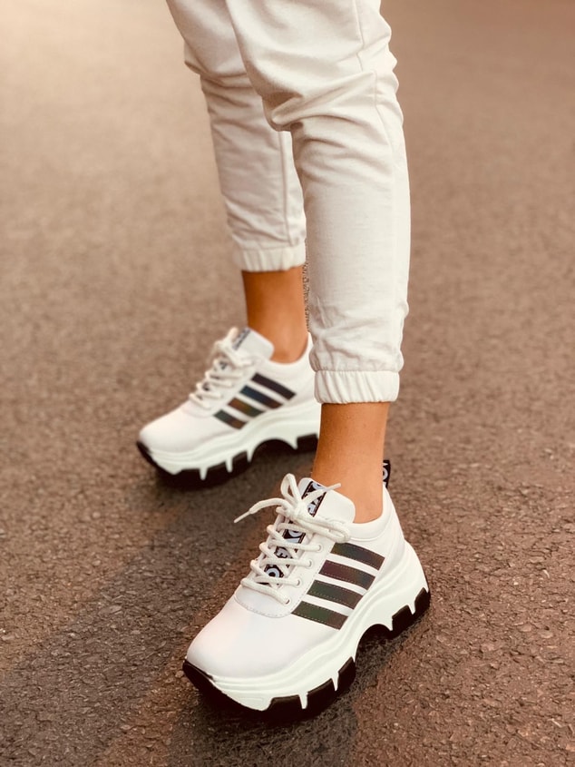 Beyaz - Hologram (Teddy) SİYAH TABAN Kadın Spor Ayakkabı Sneakers