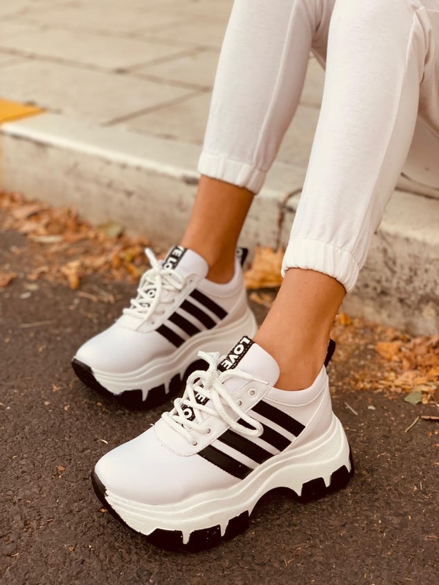Beyaz - Siyah (Teddy) SİYAH TABAN Kadın Spor Ayakkabı Sneakers