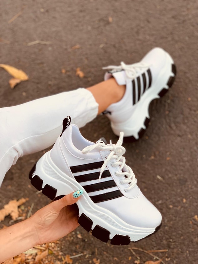 Beyaz - Siyah (Teddy) SİYAH TABAN Kadın Spor Ayakkabı Sneakers