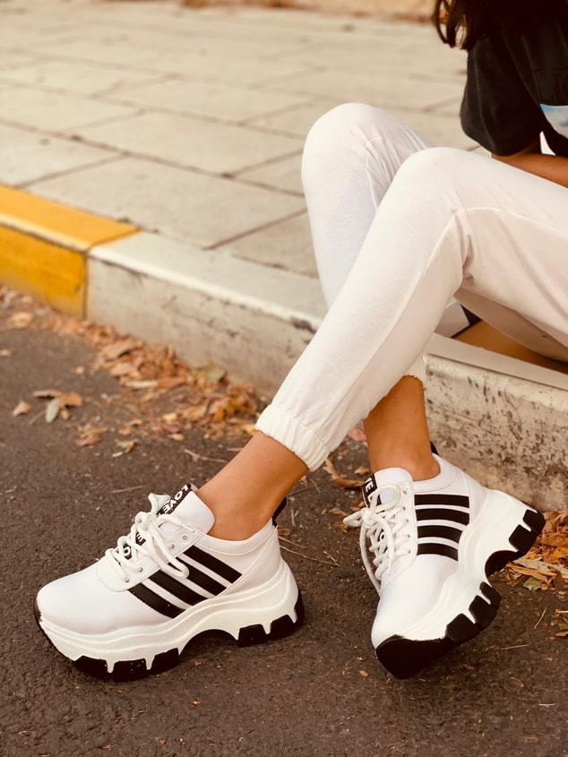 Beyaz - Siyah (Teddy) SİYAH TABAN Kadın Spor Ayakkabı Sneakers
