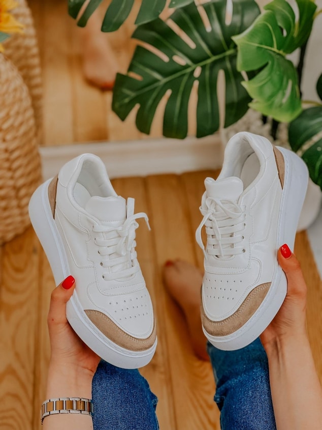 Beyaz Bej (Force) Kadın Bağcıklı Sneakers