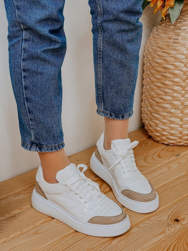 Beyaz Bej (Force) Kadın Bağcıklı Sneakers