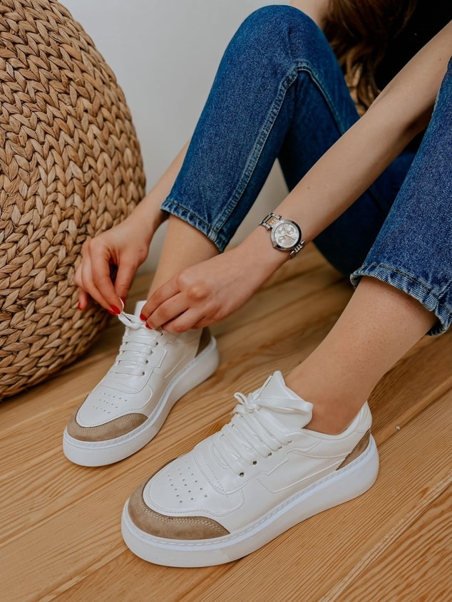 Beyaz Bej (Force) Kadın Bağcıklı Sneakers