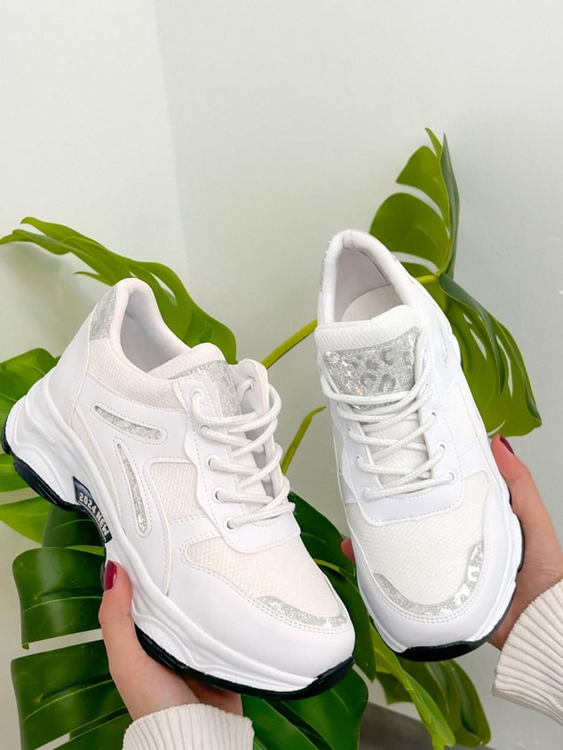 Beyaz Cilt (Leo) Leopar Detaylı Kadın Bağcıklı Sneakers