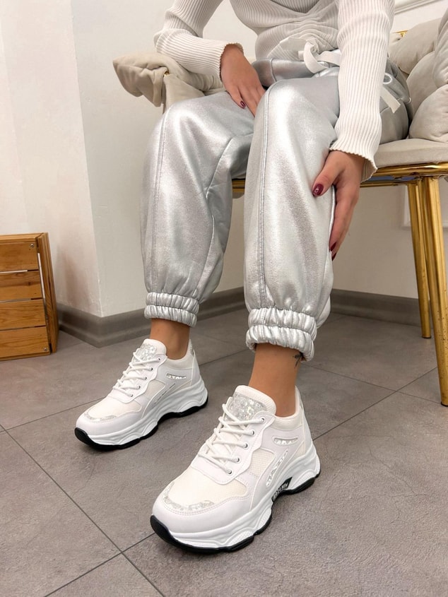 Beyaz Cilt (Leo) Leopar Detaylı Kadın Bağcıklı Sneakers