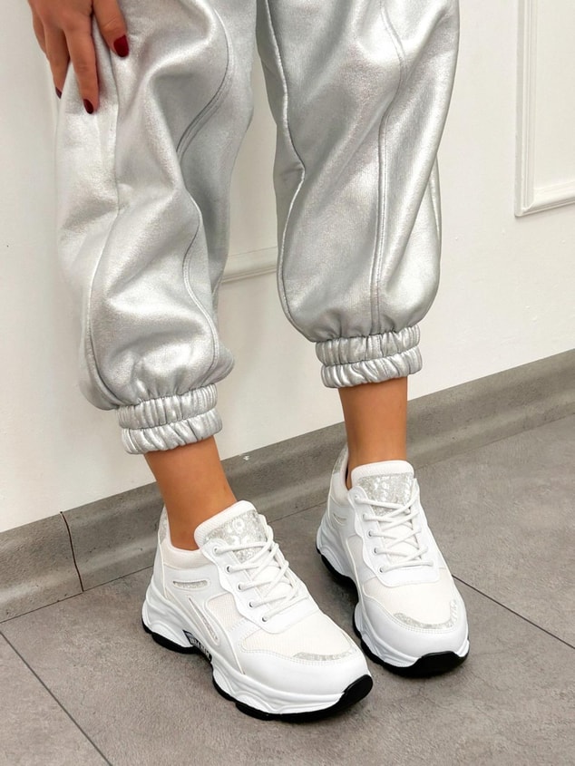 Beyaz Cilt (Leo) Leopar Detaylı Kadın Bağcıklı Sneakers