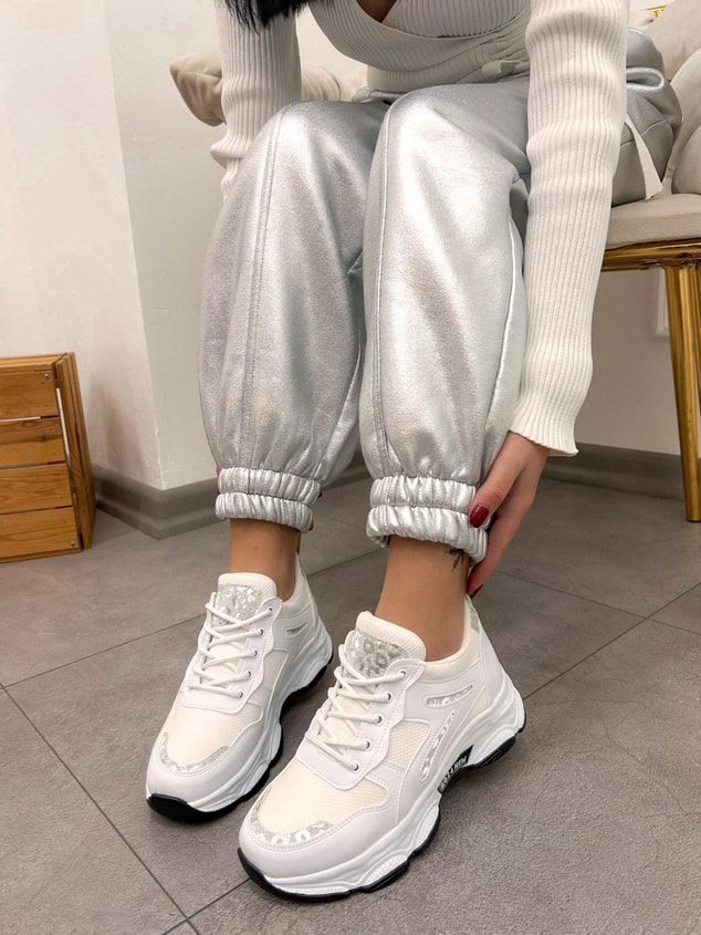 Beyaz Cilt (Leo) Leopar Detaylı Kadın Bağcıklı Sneakers