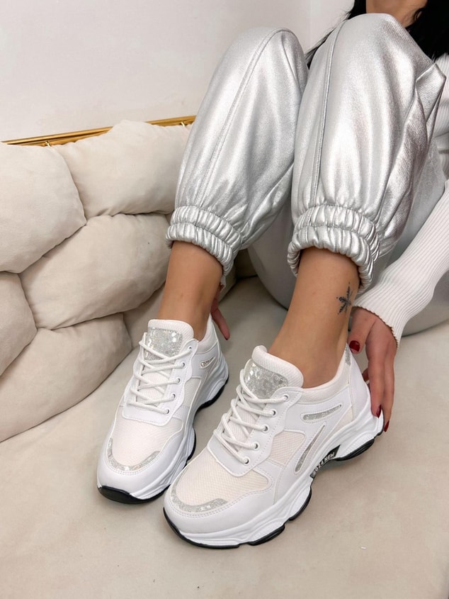 Beyaz Cilt (Leo) Leopar Detaylı Kadın Bağcıklı Sneakers