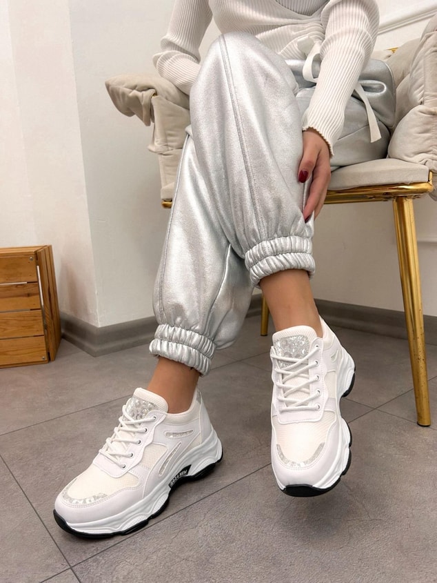 Beyaz Cilt (Leo) Leopar Detaylı Kadın Bağcıklı Sneakers