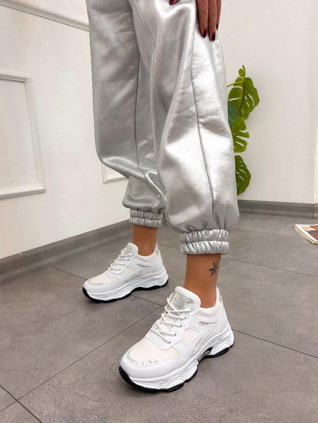 Beyaz Cilt (Leo) Leopar Detaylı Kadın Bağcıklı Sneakers