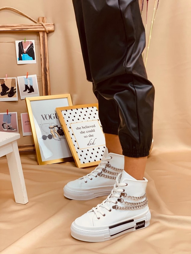 Beyaz Deri (Misty) Zincir Detaylı Kadın Yüksek Tabanlı Sneakers