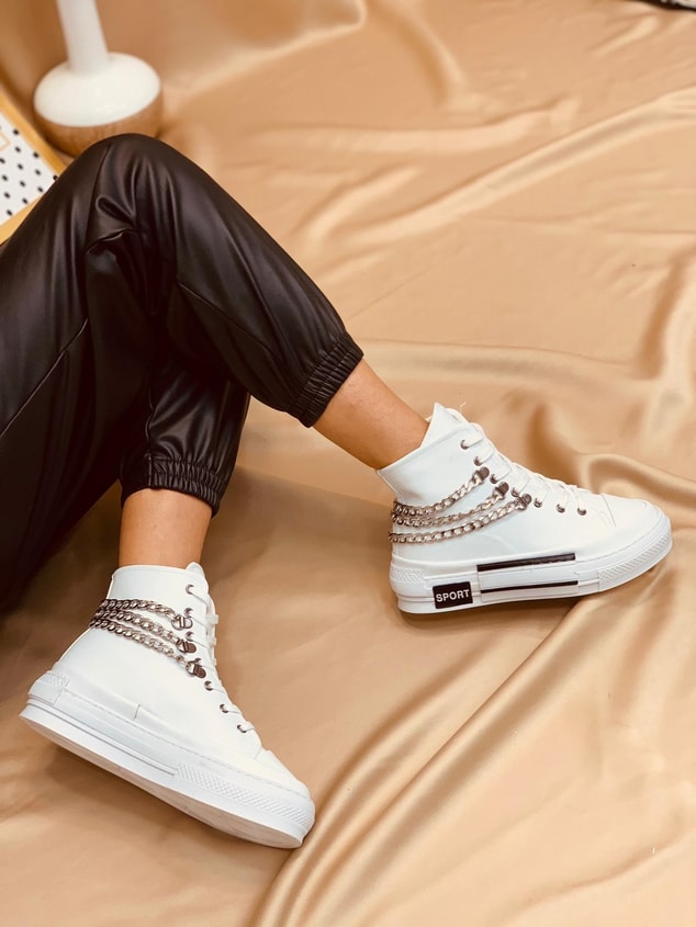 Beyaz Deri (Misty) Zincir Detaylı Kadın Yüksek Tabanlı Sneakers