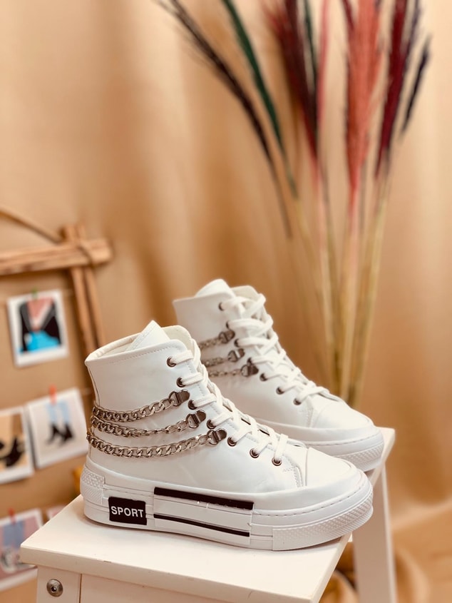 Beyaz Deri (Misty) Zincir Detaylı Kadın Yüksek Tabanlı Sneakers