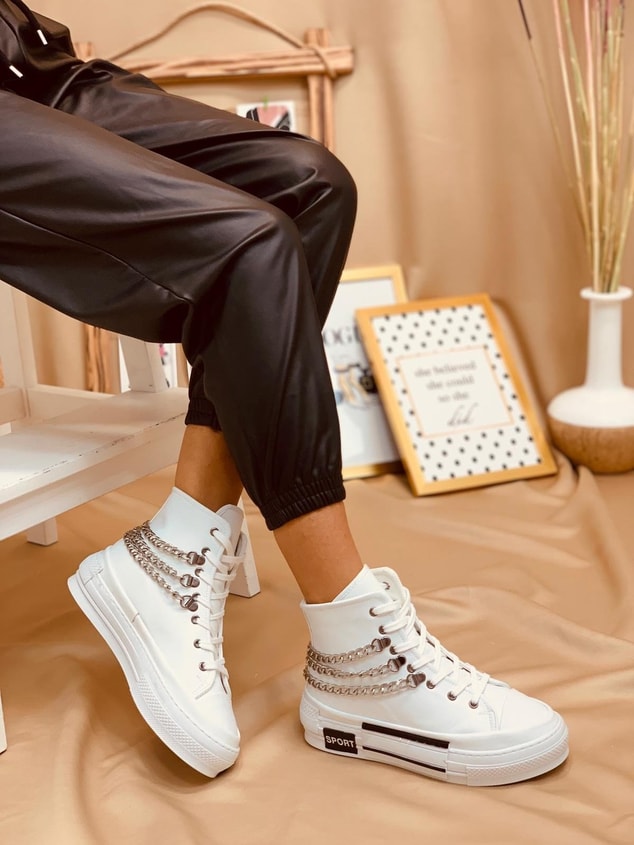 Beyaz Deri (Misty) Zincir Detaylı Kadın Yüksek Tabanlı Sneakers