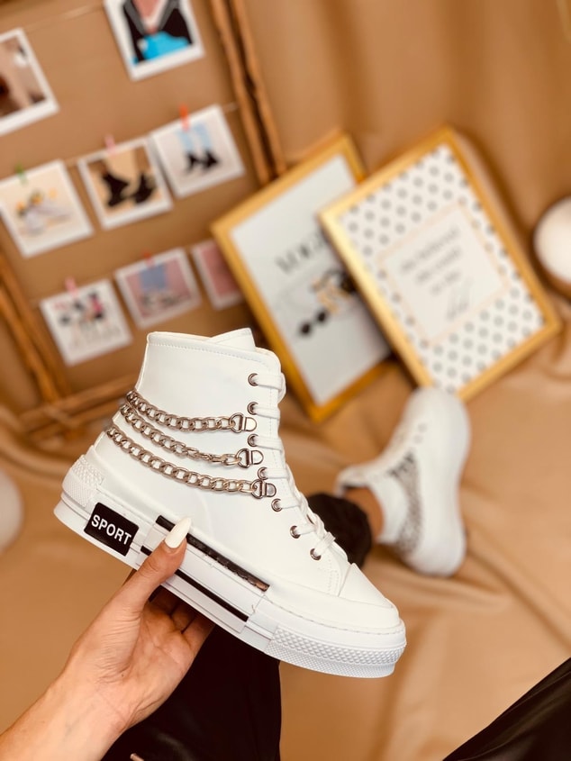 Beyaz Deri (Misty) Zincir Detaylı Kadın Yüksek Tabanlı Sneakers