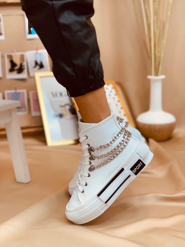 Beyaz Deri (Misty) Zincir Detaylı Kadın Yüksek Tabanlı Sneakers