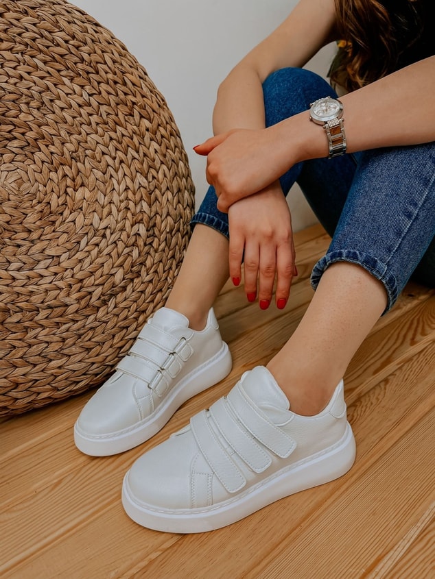 Beyaz Deri (Montana) Kadın Cırtlı Sneakers