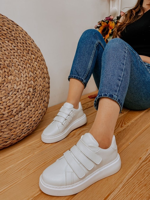 Beyaz Deri (Montana) Kadın Cırtlı Sneakers