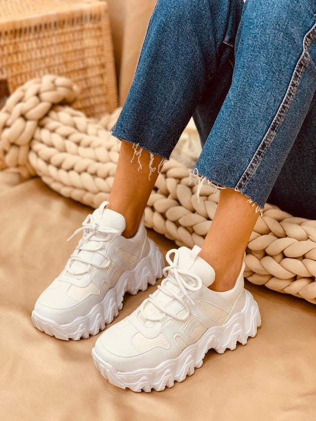 Beyaz Deri (Ripple) Kadın Bağcıklı Sneakers