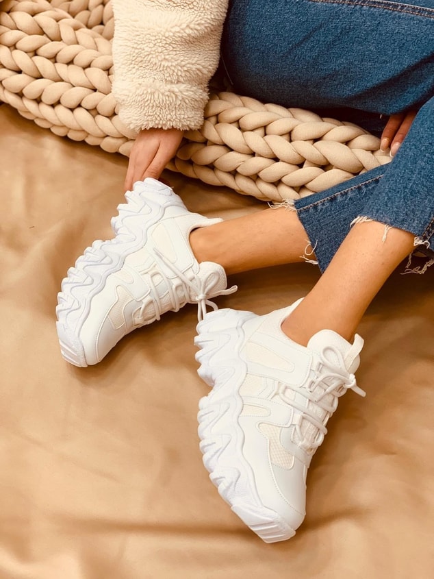 Beyaz Deri (Ripple) Kadın Bağcıklı Sneakers