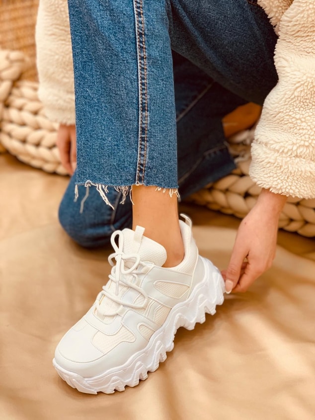 Beyaz Deri (Ripple) Kadın Bağcıklı Sneakers