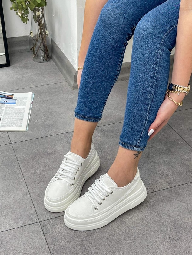 Beyaz Keten (Werner) Bağcıklı Kadın Sneakers