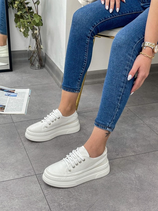 Beyaz Keten (Werner) Bağcıklı Kadın Sneakers