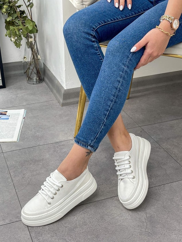 Beyaz Keten (Werner) Bağcıklı Kadın Sneakers