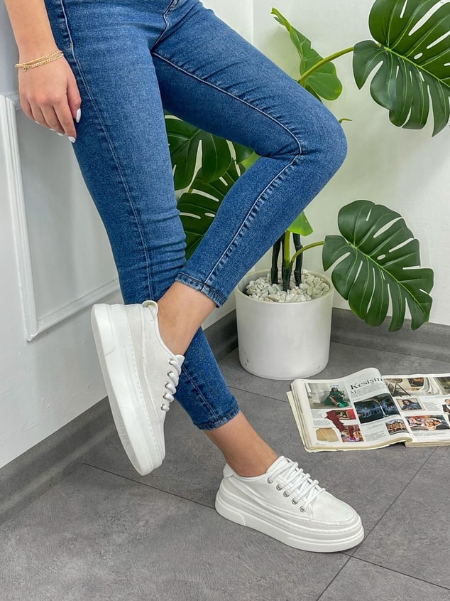 Beyaz Keten (Werner) Bağcıklı Kadın Sneakers