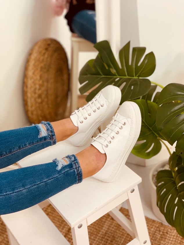 Beyaz Kırışık Rugan (Daniel) Kadın Yüksek Tabanlı Sneakers
