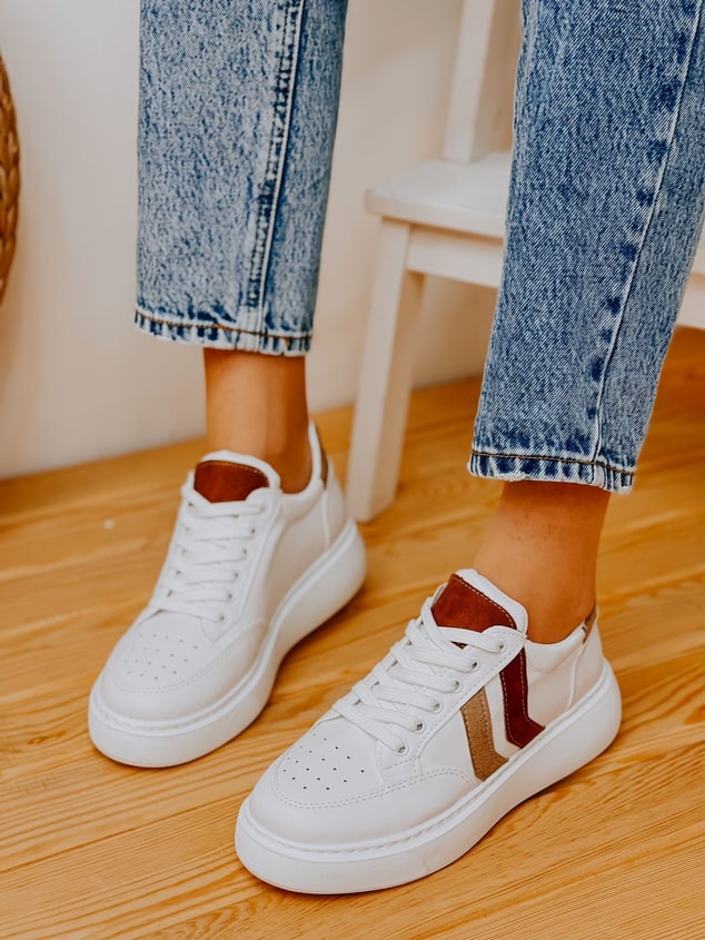 Beyaz Taba (Walker) Kadın Bağcıklı Sneakers