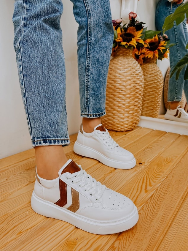 Beyaz Taba (Walker) Kadın Bağcıklı Sneakers