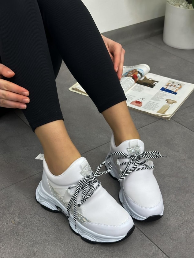 Beyaz Triko (Odette) Kadın Gizli Topuklu Bağcıklı Sneakers