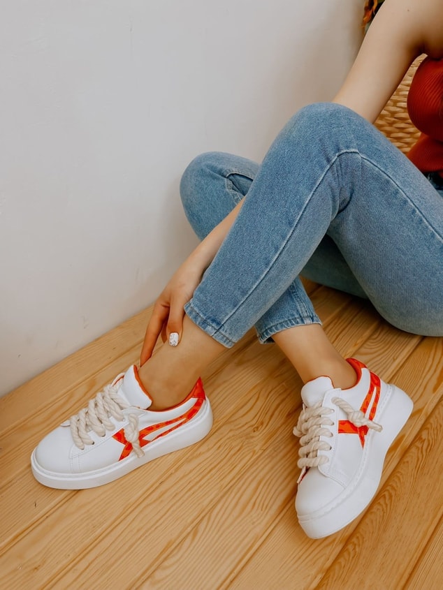 Beyaz Turuncu (Kansas) Kadın Bağcıklı Sneakers