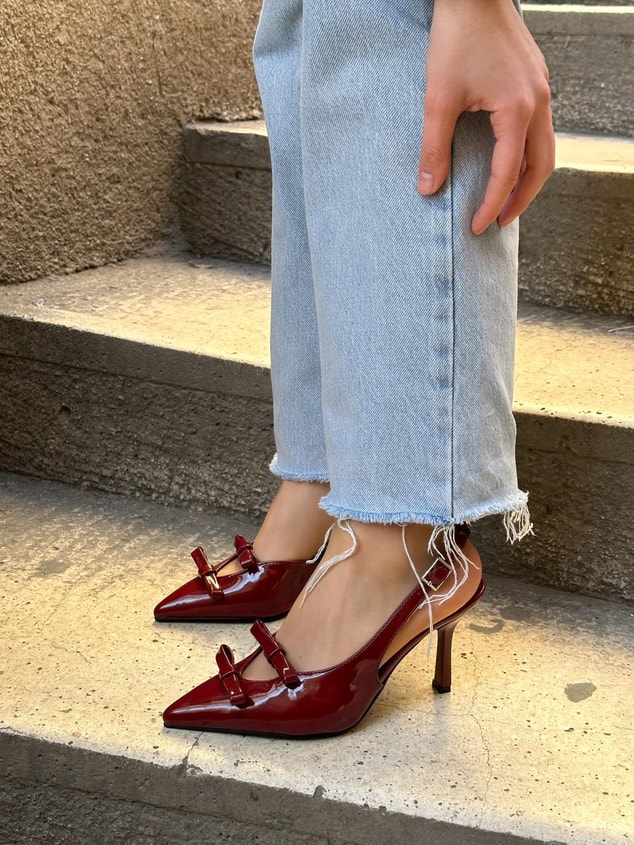 Bordo Rugan (Ella) Çift Fiyonklu Kadın Stiletto