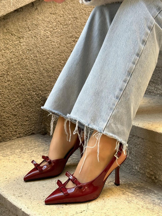 Bordo Rugan (Ella) Çift Fiyonklu Kadın Stiletto