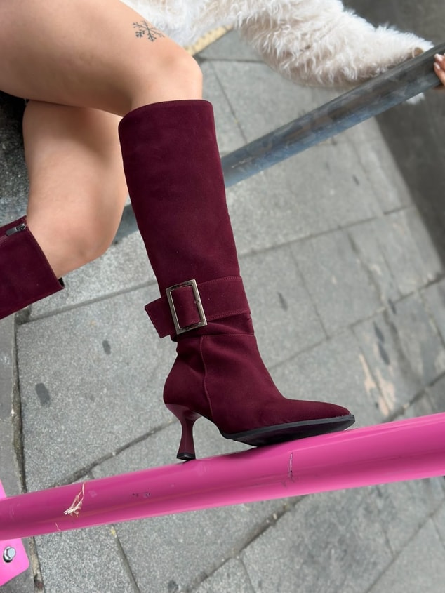 Bordo Süet (Lavinia) Gümüş Toka Detay  7 cm Kadın Topuklu Çizme