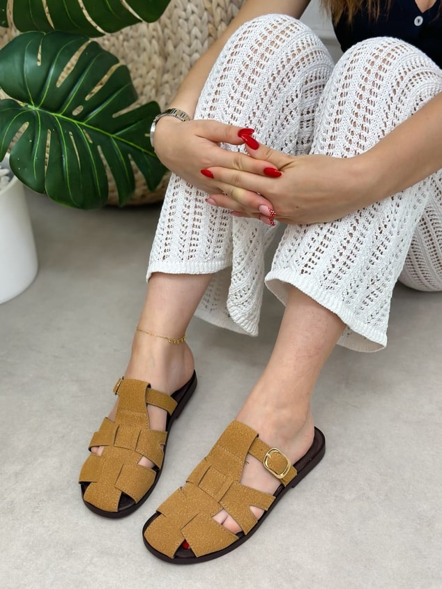 Camel Süet (Lydia) Kafes Detay Kadın Terlik