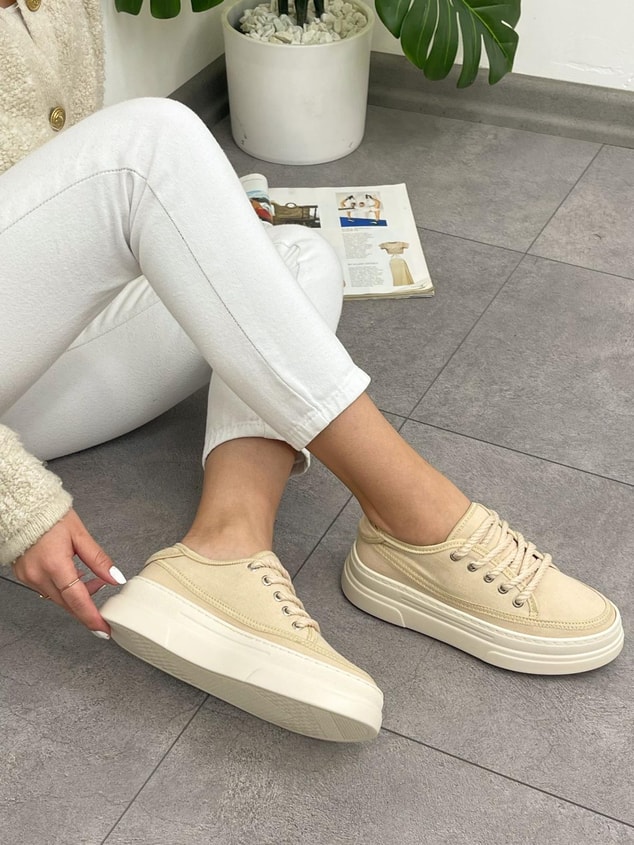 Ekru Keten (Werner) Bağcıklı Kadın Sneakers