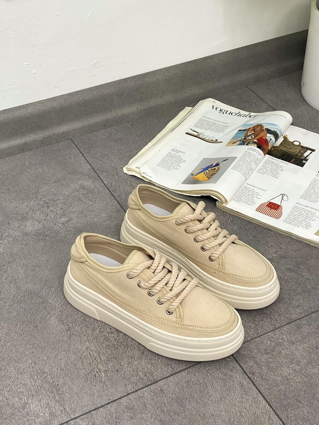 Ekru Keten (Werner) Bağcıklı Kadın Sneakers